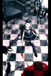 Rule 34 | absurdres, blood, blurry, cat, chair, checkered floor, depth of field, floor, from above, gothic lolita, highres, lamp, lolita fashion, mubouou aasaa, oekaki musume, original, sitting, solo