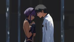 Rule 34 | 1boy, 1girl, black gloves, black hairband, black leotard, coat, dark-skinned female, dark skin, fate/grand order, fate (series), fingerless gloves, forehead-to-forehead, fujimaru ritsuka (male), gloves, hairband, hassan of serenity (fate), heads together, height difference, highres, leotard, looking at another, own hands together, paperpillar, purple hair, smile, standing, white coat