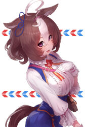 Rule 34 | 1girl, @ @, absurdres, ahoge, animal ears, bag, blue skirt, bodice, breasts, brown hair, center frills, clothing cutout, commentary request, double-parted bangs, framed breasts, frilled shirt, frills, hair between eyes, handbag, highres, horse ears, horse girl, horse tail, large breasts, long skirt, long sleeves, looking at viewer, meisho doto (umamusume), multicolored hair, open mouth, purple eyes, shirt, short hair, skirt, solo, tail, tail through clothes, two-tone hair, umamusume, underbust, white footwear, white hair, white skirt, yu mochi (kamiinu)
