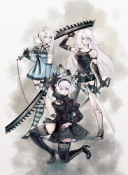 Rule 34 | 3girls, alpaca carlesi, android, asymmetrical hair, bandaged arm, bandages, black dress, black gloves, boots, braid, commission, dress, dual wielding, feather-trimmed sleeves, flower, gloves, hair flower, hair ornament, hairband, holding, in-franchise crossover, kaine (nier), kneeling, long hair, looking at viewer, mole, mole under mouth, multiple girls, nier, nier:automata, nier (series), over shoulder, short dress, short hair, short shorts, shorts, silver hair, simple background, standing, sword, thigh boots, thighhighs, time paradox, very long hair, weapon, weapon over shoulder, 2b (nier:automata), a2 (nier:automata)