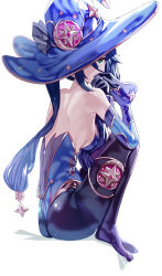 Rule 34 | 1girl, ass, bare back, bare shoulders, black gloves, black pantyhose, blue hair, blue hat, breasts, genshin impact, gloves, green eyes, hat, highres, knees up, long hair, looking at viewer, medium breasts, mona (genshin impact), no shoes, pantyhose, simple background, sitting, solo, uenoryoma, very long hair, white background, witch hat