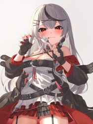 Rule 34 | 1girl, 339 akano, :q, bare shoulders, belt, black belt, black collar, black gloves, black hair, black jacket, blush, braid, breasts, camisole, caution tape, chain, chest belt, claw pose, cleavage, closed mouth, collar, commentary, cowboy shot, ear piercing, fingerless gloves, fork, frilled camisole, frills, garter straps, glint, gloves, grey hair, hair ornament, hairclip, heart pendant, highres, holding, holding fork, hololive, jacket, large breasts, long hair, long sleeves, looking at viewer, miniskirt, multicolored hair, off shoulder, open clothes, open jacket, piercing, plaid, plaid skirt, red eyes, red nails, red skirt, sakamata chloe, simple background, skirt, solo, streaked hair, tongue, tongue out, virtual youtuber, white background, white camisole, x hair ornament