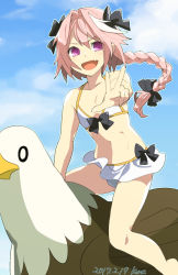 Rule 34 | 0 0, 1boy, :d, arm support, artist name, astolfo (fate), bare arms, bare legs, bare shoulders, barefoot, bikini, bikini skirt, black bow, blue sky, bow, bow bikini, braid, cloud, cloudy sky, collarbone, commentary, dated, day, dot pupils, fang, fantasy, fate/apocrypha, fate (series), flat chest, foreshortening, gluteal fold, griffin, hair between eyes, hair bow, hair intakes, hand up, kona (silent913), long hair, looking at viewer, male focus, multicolored hair, open mouth, outdoors, outstretched arm, parted bangs, pink hair, purple eyes, riding, single braid, sky, smile, spread legs, stomach, straddling, streaked hair, swimsuit, trap, two-tone hair, v-shaped eyebrows, w, white bikini, white hair, wind, wind lift