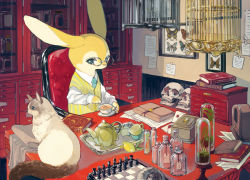 Rule 34 | absurdres, animal, birdcage, blue eyes, board game, book, bottle, bug, butterfly, cage, cat, chair, chess, chessboard, cup, desk, furry, glasses, highres, indoors, insect, mayumochini, necktie, no humans, original, radio, round eyewear, sitting, skull, solo, tea, teacup, teapot, vest