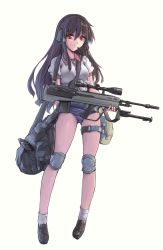Rule 34 | 1girl, awc g2a, backpack, bag, battle rifle, between breasts, bipod, breasts, brown hair, bullpup, female focus, full body, gun, headset, highres, holster, knee pads, loafers, long hair, long legs, m14, nightmaremk2, one-piece swimsuit, original, randoseru, red eyes, rifle, school swimsuit, scope, shoes, shoulder bag, simple background, small breasts, smile, socks, solo, strap between breasts, swimsuit, swimsuit under clothes, thigh holster, thigh strap, weapon, white background