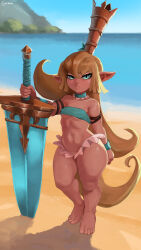 Rule 34 | 1girl, abs, absurdres, bare shoulders, barefoot, beach, bikini, blonde hair, blue bikini, blue eyes, blue sky, breasts, charlotta (granblue fantasy), choker, closed mouth, collarbone, covered erect nipples, cranihum, crown, day, feet, frilled sleeves, frills, frown, full body, granblue fantasy, highres, long hair, looking at viewer, medium breasts, navel, ocean, pointy ears, sky, small breasts, solo, standing, strapless, swimsuit, sword, thick thighs, thighs, toes, toned, very long hair, weapon, wide hips