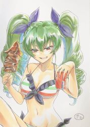 Rule 34 | 1girl, anchovy (girls und panzer), artist name, bikini, black ribbon, breasts, can, cleavage, drill hair, drink can, food, fried squid, front-tie bikini top, front-tie top, girls und panzer, girls und panzer senshadou daisakusen!, green hair, groin, hair ribbon, half-closed eyes, halterneck, highres, holding, holding can, holding food, knee up, long hair, looking at viewer, medium breasts, navel, official alternate costume, open mouth, red eyes, ribbon, sawamaru30, signature, sitting, smile, soda can, solo, swimsuit, traditional media, twin drills, twintails
