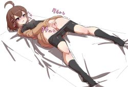 Rule 34 | 1girl, ahoge, bike shorts, bike shorts pull, black socks, blush, breasts, brown hair, cleft of venus, clothes pull, female focus, female masturbation, full body, hair between eyes, heart, infraton, linne, long sleeves, lying, masturbation, on back, panties, panty pull, pussy, pussy juice, skin tight, slit pupils, small breasts, socks, solo, sweater, text focus, trembling, uncensored, under night in-birth, underwear, white background, wide hips