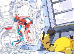 Rule 34 | alien, aomon (yuuji7604), back, behind cover, broken glass, containment unit, creatures (company), deoxys, deoxys (normal), door, game freak, gen 1 pokemon, gen 2 pokemon, gen 3 pokemon, glass, highres, indoors, laboratory, looking at another, looking to the side, lying, mythical pokemon, nintendo, no humans, pichu, pokemon, pokemon (creature), psyduck, tail, tentacles