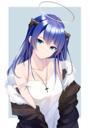 Rule 34 | 1girl, arknights, bare shoulders, black coat, blue background, blue eyes, blue hair, border, breasts, cleavage, closed mouth, coat, collarbone, commentary request, cross, cross necklace, fur-trimmed coat, fur trim, halo, head tilt, highres, horns, jewelry, leria v, long hair, looking at viewer, medium breasts, mostima (arknights), necklace, off shoulder, open clothes, open coat, outside border, simple background, smile, solo, strap slip, tank top, upper body, very long hair, white border