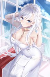 Rule 34 | 1girl, absurdres, armpit crease, arms behind head, arms up, azur lane, back bow, bare shoulders, belfast (azur lane), belfast (the pledge of claddagh) (azur lane), belfast (the pledge of claddagh) (azur lane), blue eyes, blue sky, blush, bow, braid, breasts, bridal veil, broken, broken chain, chain, cleavage, closed mouth, cloud, collar, collarbone, commentary, covered navel, cowboy shot, day, dress, french braid, gold chain, hair between eyes, highres, indoors, jyu-so, large breasts, long dress, long hair, looking at viewer, official alternate costume, sidelocks, silver collar, sitting, sky, smile, solo, strapless, strapless dress, tiara, veil, wedding dress, white bow, white dress, white hair