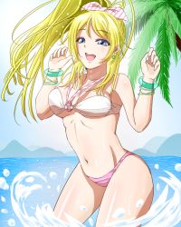 Rule 34 | 10s, 1girl, arms up, ayase eli, bikini, blonde hair, blue eyes, breasts, earrings, groin, high ponytail, jewelry, kotatsu mikan, large breasts, long hair, love live!, love live! school idol project, navel, o-ring, o-ring bikini, palm tree, sideboob, smile, solo, swimsuit, tree, underboob, wading, water