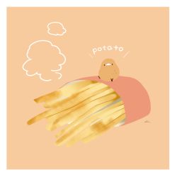 Rule 34 | animal, bird, chai (drawingchisanne), commentary request, english text, food, food focus, french fries, no humans, on food, original, potato, signature, simple background, steam, undersized animal