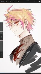 Rule 34 | 1boy, art program in frame, atou haruki, black jacket, blonde hair, blood, blood on clothes, blood on face, brown sweater, closed mouth, highres, jacket, male focus, multicolored hair, open clothes, open jacket, pink hair, procreate (medium), procreate (software), profile, red eyes, ribbed sweater, saibou shinkyoku, smile, sputniklover-1, sweater, turtleneck, turtleneck sweater