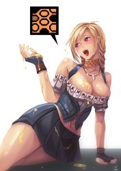 Rule 34 | 1girl, :d, arm support, bad id, bad pixiv id, black skirt, blonde hair, blush, bodice, breasts, capcom, choker, cleavage, clothes, collarbone, corset, detached sleeves, dirndl, drill hair, female focus, fingerless gloves, food, food on body, food on face, german clothes, gloves, heart, heart-shaped pupils, highres, honey, jewelry, large breasts, long hair, looking afar, looking to the side, midriff, miniskirt, monster hunter (series), navel, necklace, nose blush, open mouth, pleated skirt, purple eyes, rebe11, reclining, signature, skirt, smile, solo, strapless, suggestive fluid, swept bangs, symbol-shaped pupils, tube top, underbust