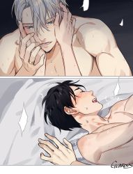 Rule 34 | 10s, 2boys, black hair, blue eyes, blush, comic, eyes closed, gearous, hands on another&#039;s face, hickey, implied sex, jewelry, katsuki yuuri, lying, male focus, missionary, multiple boys, on back, open mouth, ring, silver hair, sweat, tears, upper body, viktor nikiforov, yaoi, yuri!!! on ice