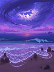 Rule 34 | beach, cloud, cloudy sky, commentary, english commentary, footprints, full moon, horizon, island, jubilee (8pxl), moon, night, no humans, ocean, original, rock, sand, sky, waves