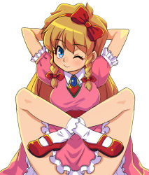 Rule 34 | 1girl, arms up, blonde hair, blue eyes, blush, braid, castlevania (series), castlevania: rondo of blood, dress, female focus, frills, long hair, looking at viewer, maria renard, one eye closed, pink dress, red footwear, side braids, simple background, socks, solo, stupa13a, white background, aged down