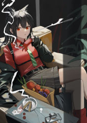 Rule 34 | 1girl, absurdres, alcohol, animal ear fluff, animal ears, arknights, artist request, ashtray, bag, belt, black belt, black hair, black jacket, blowing smoke, bottle, card, cigarette, collared shirt, commentary, extra ears, feet out of frame, food, fruit, gloves, grapes, green necktie, grey skirt, hair between eyes, highres, holding, holding cigarette, indoors, jacket, leaf, long sleeves, looking at viewer, necktie, off shoulder, official alternate costume, open clothes, open jacket, parted lips, playing card, ponytail, red eyes, red footwear, red gloves, red shirt, shirt, shopping bag, sitting, skirt, smoke, smoking, solo, spring onion, striped clothes, striped necktie, striped skirt, texas (arknights), texas (willpower) (arknights), vegetable, vertical-striped clothes, vertical-striped skirt, watch, wolf ears, wristwatch