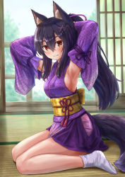 Rule 34 | 1girl, animal ear fluff, animal ears, arms behind head, arms up, black hair, blush, breasts, brown eyes, closed mouth, commentary request, detached sleeves, fang, fang out, full body, hair between eyes, hair ornament, hairclip, highres, indoors, iroha (iroha matsurika), japanese clothes, kimono, kunoichi-chan (iroha (iroha matsurika)), long hair, long sleeves, medium breasts, obi, original, ponytail, purple kimono, purple skirt, purple sleeves, sash, sideboob, sitting, skirt, sleeveless, sleeveless kimono, smile, socks, solo, tabi, tail, tatami, very long hair, wariza, white socks, wide sleeves, wolf ears, wolf girl, wolf tail, x hair ornament