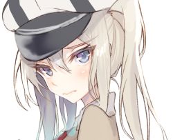 Rule 34 | 10s, 1girl, alternate costume, blonde hair, blue eyes, from side, gi (melmail), graf zeppelin (kancolle), hat, kantai collection, looking at viewer, nervous, peaked cap, platinum blonde hair, portrait, school uniform, simple background, solo, twintails, wavy mouth, white background