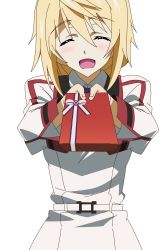Rule 34 | 10s, 1girl, blonde hair, charlotte dunois, closed eyes, gift, highres, holding, holding gift, incoming gift, infinite stratos, open mouth, school uniform, solo