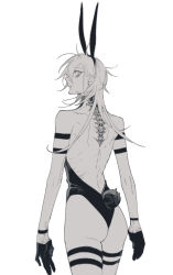 Rule 34 | 1girl, alternate costume, animal ears, arknights, armband, ass, backless leotard, backless outfit, bags under eyes, bare shoulders, cowboy shot, detached collar, doctor (arknights), earrings, fake animal ears, fake tail, female doctor (arknights), from behind, gloves, greyscale, hair between breasts, half gloves, highleg, highleg leotard, jewelry, kaifei (kaifei 29), leotard, long hair, looking at viewer, looking back, mechanical parts, mechanical spine, messy hair, monochrome, playboy bunny, rabbit ears, rabbit tail, simple background, solo, strapless, strapless leotard, tail, thigh strap