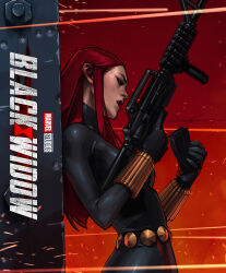 Rule 34 | 1girl, absurdres, assault rifle, black bodysuit, black widow, bodysuit, embers, english text, from side, gun, highres, holding, holding gun, holding magazine (weapon), holding weapon, jee-hyung lee, latex, latex bodysuit, long hair, magazine (weapon), marvel, open mouth, projectile trail, red hair, rifle, weapon
