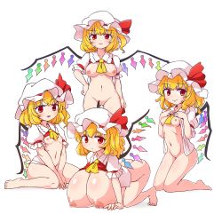 Rule 34 | 4girls, blonde hair, breasts, crystal, fang, flandre scarlet, four of a kind (touhou), hat, highres, huge breasts, itatatata, large breasts, medium breasts, medium hair, mob cap, multiple girls, nipples, one side up, oppai loli, red eyes, red vest, shirt, simple background, small breasts, touhou, vest, white background, white shirt, wings