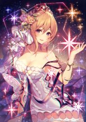 Rule 34 | 1girl, bare shoulders, blonde hair, blue eyes, blush, breasts, cleavage, collarbone, constellation, cowboy shot, dress, europa (granblue fantasy), flower, glint, granblue fantasy, hair between eyes, hair flower, hair ornament, hand up, homaderi, large breasts, looking at viewer, short hair, smile, solo, star (symbol), tiara, white dress
