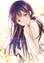 Rule 34 | 10s, 1girl, bare shoulders, blue hair, blurry, clouble, depth of field, dress, flower, hand to own mouth, happy birthday, head tilt, long hair, looking at viewer, love live!, love live! school idol project, orange eyes, smile, solo, sonoda umi, sundress