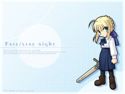 Rule 34 | 00s, 1girl, ahoge, artoria pendragon (fate), blonde hair, blush, boots, chibi, fate/stay night, fate (series), green eyes, pantyhose, saber (fate), solo, sword, wallpaper, weapon