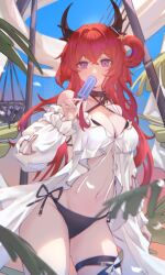 Rule 34 | 1girl, arknights, basket, bikini, black bikini, blurry, breasts, collarbone, criss-cross halter, depth of field, drone (drone 37), food, hair intakes, halterneck, highres, holding, holding food, holding popsicle, horn ornament, horns, large breasts, navel, off shoulder, official alternate costume, petals, popsicle, purple eyes, red hair, side-tie bikini bottom, solo, stomach, surtr (arknights), surtr (colorful wonderland) (arknights), swimsuit, thighs