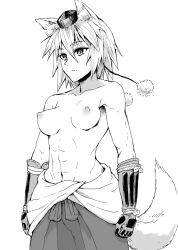 Rule 34 | 1girl, abs, animal ears, breasts, closed mouth, collarbone, cowboy shot, expressionless, gauntlets, greyscale, hair between eyes, hat, inubashiri momiji, medium breasts, monochrome, nathaniel pennel, navel, nipples, pom pom (clothes), short hair, simple background, solo, stomach, tail, tokin hat, toned, topless, touhou, white background, wolf ears, wolf tail