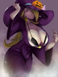 Rule 34 | adjusting clothes, adjusting headwear, black nails, blonde hair, blue eyes, blush, bra, breasts, cleavage, earrings, fionnabunny, hair over one eye, halloween, hat, jewelry, large breasts, lips, mario (series), mario kart, mario kart tour, nail polish, nintendo, rosalina, simple background, sparkle, super mario bros. 1, underwear, witch, witch hat