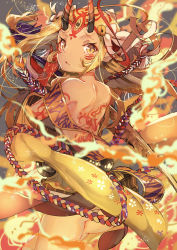 Rule 34 | 1girl, ass, back, bare shoulders, blonde hair, fate/grand order, fate (series), fire, highres, horns, ibaraki douji (fate), japanese clothes, kimono, long hair, looking at viewer, looking back, omo (utakatadice), solo, tattoo, yellow eyes