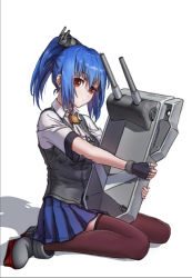 Rule 34 | 1girl, black gloves, blue hair, blue skirt, brown thighhighs, cannon, closed mouth, fingerless gloves, frills, gloves, grey footwear, grey vest, headgear, holding, looking away, machinery, neckerchief, on ground, pleated skirt, prinz eugen (warship girls r), red eyes, rudder footwear, shadow, shirt, shoes, short hair, short ponytail, short sleeves, sitting, skirt, solo, thighhighs, two-handed, vest, waistcoat, wariza, warship girls r, white background, white neckerchief, white shirt, yilei