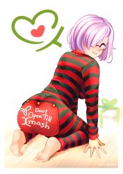 Rule 34 | 1girl, absurdres, alternate costume, artist name, ass, black pajamas, breasts, butt flap, commentary request, english text, fate/grand order, fate (series), glasses, hair over one eye, heart, highres, idle antics, kneeling, long sleeves, looking at viewer, mash kyrielight, onesie, pajamas, purple eyes, red pajamas, short hair, simple background, smile, solo, striped clothes, striped pajamas, white background