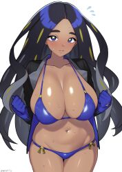 Rule 34 | 1girl, alternate breast size, bikini, black hair, blue bikini, blue eyes, blue gloves, blush, breasts, cleavage, clenched hands, closed mouth, cowboy shot, creatures (company), dark skin, game freak, geeta (pokemon), gloves, highres, huge breasts, long hair, looking at viewer, navel, nintendo, parted hair, pokemon, pokemon sv, sagging breasts, saitou touko, simple background, solo, swimsuit, tan, thick eyebrows, white background