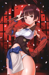 Rule 34 | 10s, 1girl, blue bow, blue ribbon, blush, bob cut, bow, breasts, brown hair, closed mouth, collarbone, corset, cowboy shot, eyebrows, hand on own hip, hand up, highres, holding, holding weapon, japanese clothes, koutetsujou no kabaneri, kunai, light particles, loincloth, lolihorn, long sleeves, looking at viewer, medium breasts, mumei (kabaneri), panties, petals, pink lips, puffy sleeves, red eyes, ribbon, shiny skin, short hair, silhouette, sliding doors, solo, topknot, underwear, weapon, white panties