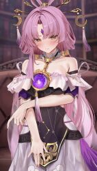 Rule 34 | 1girl, absurdres, bare shoulders, blurry, blurry background, blush, book, bookshelf, bow-shaped hair, brown eyes, closed mouth, couch, dress, forehead jewel, fu xuan (honkai: star rail), hair ornament, hair stick, hashtag-only commentary, highres, holding own arm, honkai: star rail, honkai (series), long hair, looking at viewer, low twintails, oreazu, parted bangs, purple hair, sleeveless, solo, strapless, strapless dress, too many, too many books, twintails, upper body