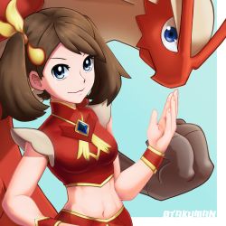 Rule 34 | 1girl, absurdres, artist name, blaziken, blue eyes, brown hair, creatures (company), game freak, gen 3 pokemon, hair ornament, highres, looking at viewer, may (pokemon), may (sygna suit) (pokemon), midriff, navel, nintendo, official alternate costume, otakuman, pokemon, pokemon (creature), pokemon masters ex, red wristband, sleeveless, twintails, upper body, wristband