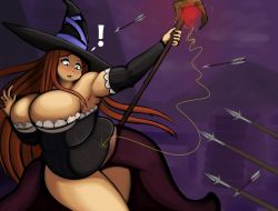 Rule 34 | 1girl, arrow (projectile), bare shoulders, breasts, brown hair, brushing, cleavage, detached sleeves, dragon&#039;s crown, dress, fat, hat, large breasts, long hair, metalforever, plump, solo, sorceress (dragon&#039;s crown), staff, tan, thighhighs, weapon, weight gain, witch hat