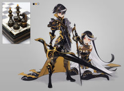 Rule 34 | 1boy, 1girl, armor, bare shoulders, black footwear, black gloves, black hair, black legwear, chess piece, closed mouth, earrings, gloves, gold trim, greaves, grey background, hand on own hip, highres, holding, holding lance, holding polearm, holding sword, holding weapon, jewelry, lance, long hair, multicolored hair, nahonanaho, original, pauldrons, photo-referenced, polearm, red eyes, shoulder armor, simple background, single earring, sitting, standing, sword, vambraces, very long hair, wariza, weapon, white hair