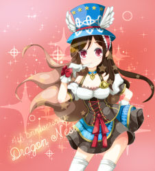 Rule 34 | 10s, 1girl, anniversary, arishiki, brown hair, choker, copyright name, dragon nest, eileen (dragon nest), gloves, gold trim, hairband, hat, leaning forward, lolita hairband, long hair, looking at viewer, red eyes, solo, sparkle, thighhighs, white gloves, white thighhighs, zettai ryouiki