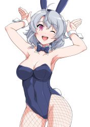 Rule 34 | 1girl, animal ears, bare shoulders, blue bow, blue bowtie, blue leotard, bow, bowtie, breasts, cleavage, commentary request, contrapposto, detached collar, fishnet pantyhose, fishnets, haruhisky, haruhisky-chan, highres, indie virtual youtuber, leotard, looking at viewer, medium breasts, one eye closed, open mouth, pantyhose, pink eyes, playboy bunny, rabbit ears, rabbit pose, rabbit tail, short hair, silver hair, simple background, smile, solo, strapless, strapless leotard, tail, virtual youtuber, wavy hair, white background, wrist cuffs