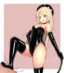 Rule 34 | 1girl, absurdres, bdsm, black choker, black gloves, black hat, black leotard, black thighhighs, blonde hair, blue eyes, breasts, choker, commentary request, cowboy shot, dominatrix, elbow gloves, fingerless gloves, gloves, hat, highleg, highleg leotard, highres, holding, holding whip, jervis (kancolle), kantai collection, katsuten, latex, latex thighhighs, leotard, sailor hat, small breasts, solo, strapless, strapless leotard, thighhighs