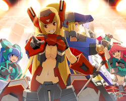 Rule 34 | 4girls, blonde hair, blue eyes, blue hair, breasts, cleavage, cosmic break, crimrose, drum, drum set, drumsticks, grin, guitar, highres, instrument, keyboard (instrument), large breasts, lazflamme, lily rain, long hair, mecha musume, microphone, midriff, multiple girls, navel, open mouth, pink eyes, pink hair, pointing, ponytail, red eyes, short hair, smile, stand, twintails, wakaba sprout, winberrl, winberyll