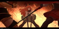 Rule 34 | 3girls, ahoge, android, backlighting, battle, black bow, black gloves, black legwear, black neckwear, black skirt, blouse, blurry, blurry foreground, bow, bowtie, cape, clenched teeth, commentary, corset, depth of field, dishwasher1910, dual wielding, english commentary, fire, floating hair, garter straps, gloves, green skirt, gun, hair bow, holding, holding gun, holding weapon, layered skirt, letterboxed, looking at viewer, mechanical arms, mechanical legs, miniskirt, multiple girls, one eye closed, orange hair, penny polendina, red cape, red eyes, red skirt, ruby rose, rwby, shirt, short sleeves, single mechanical arm, single mechanical leg, skirt, solo focus, spoilers, spread legs, standing, suspender skirt, suspenders, teeth, thighhighs, torn clothes, torn shirt, weapon, white shirt, yang xiao long, yellow legwear