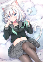 Rule 34 | 1girl, :o, animal ears, bed sheet, black shirt, blue eyes, blue hair, blush, breasts, brown pantyhose, cat ears, cat girl, cat tail, commentary request, fish hair ornament, frilled pillow, frills, green neckerchief, green ribbon, grey sailor collar, grey skirt, hair between eyes, hair ornament, heart, heart-shaped pillow, highres, knee up, long sleeves, looking at viewer, lying, masayo (gin no ame), midriff, multicolored hair, navel, neckerchief, on back, original, pantyhose, parted lips, pillow, pleated skirt, ribbon, sailor collar, school uniform, serafuku, shirt, silver hair, skirt, small breasts, solo, streaked hair, tail, tail ornament, tail ribbon
